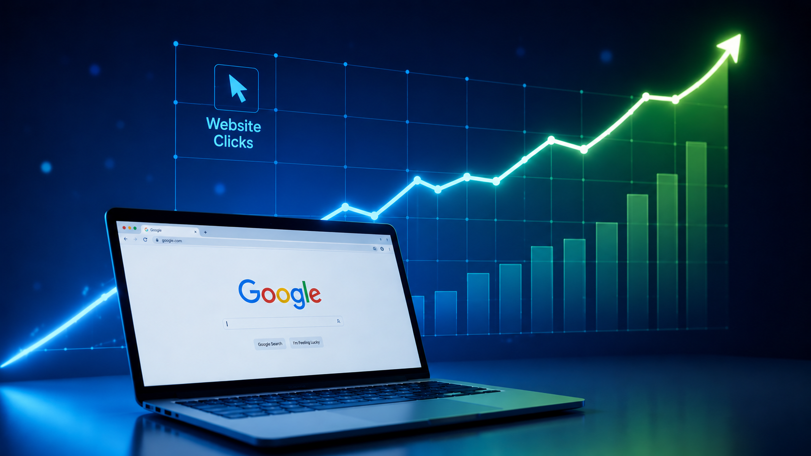 Google-Suche auf einem Laptop mit steigender Sichtbarkeitskurve