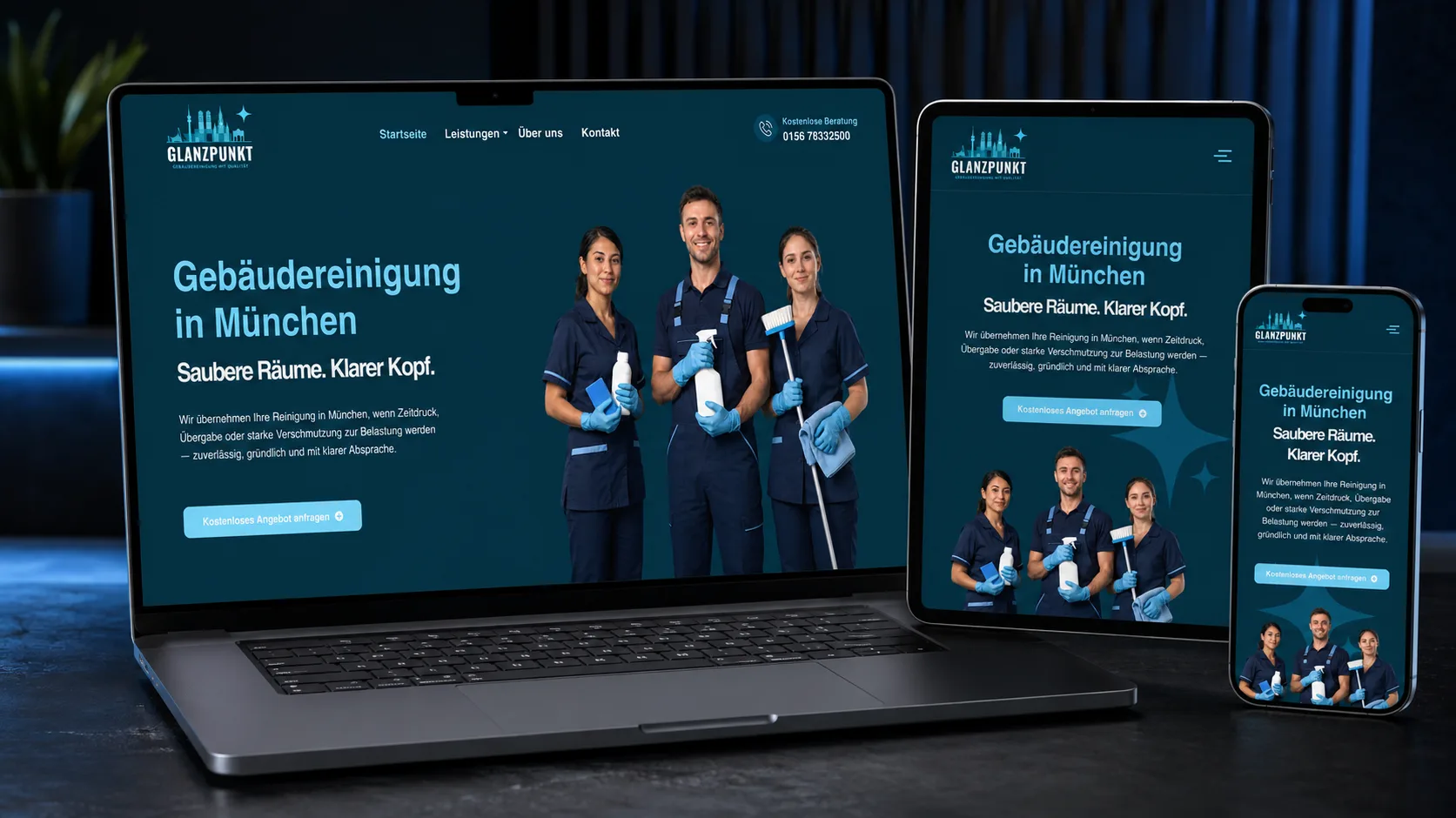 Website einer Gebäudereinigung aus München auf Laptop, Tablet und Handy