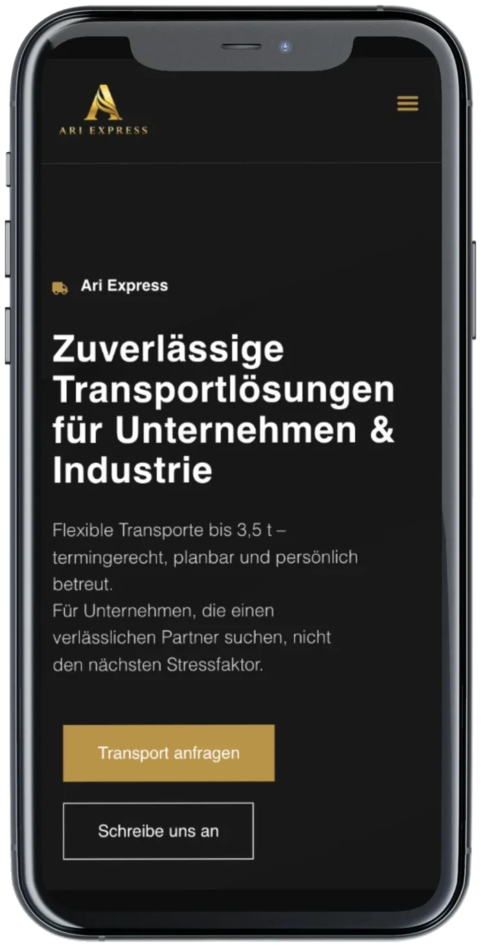 Die Website von Ari Express auf dem Handy – gebaut von Eneva Media