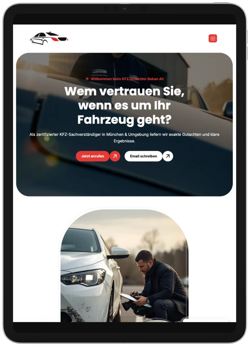 Website für KFZ-Gutachter: die Seite des Sachverständigenbüros Baban Ali aus München auf dem Tablet, gebaut von Eneva Media